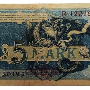 5 mark banknote issued in 1904 in Germany (German Empire) (2)
