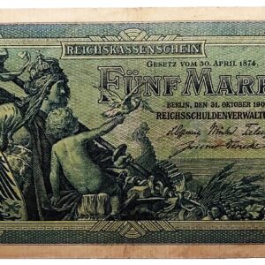 5 mark banknote issued in 1904 in Germany (German Empire)
