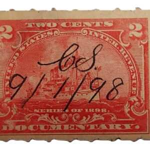 податкова марка США 1898 року номіналом 2 центи із зображенням лінкора (Scott #R164)