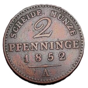 A copper Prussian coin with a denomination of 2 pfennigs, issued in 1852, with the mint mark A (Berlin). 