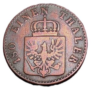 A copper Prussian coin with a denomination of 2 pfennigs, issued in 1852, with the mint mark A (Berlin).  (2)