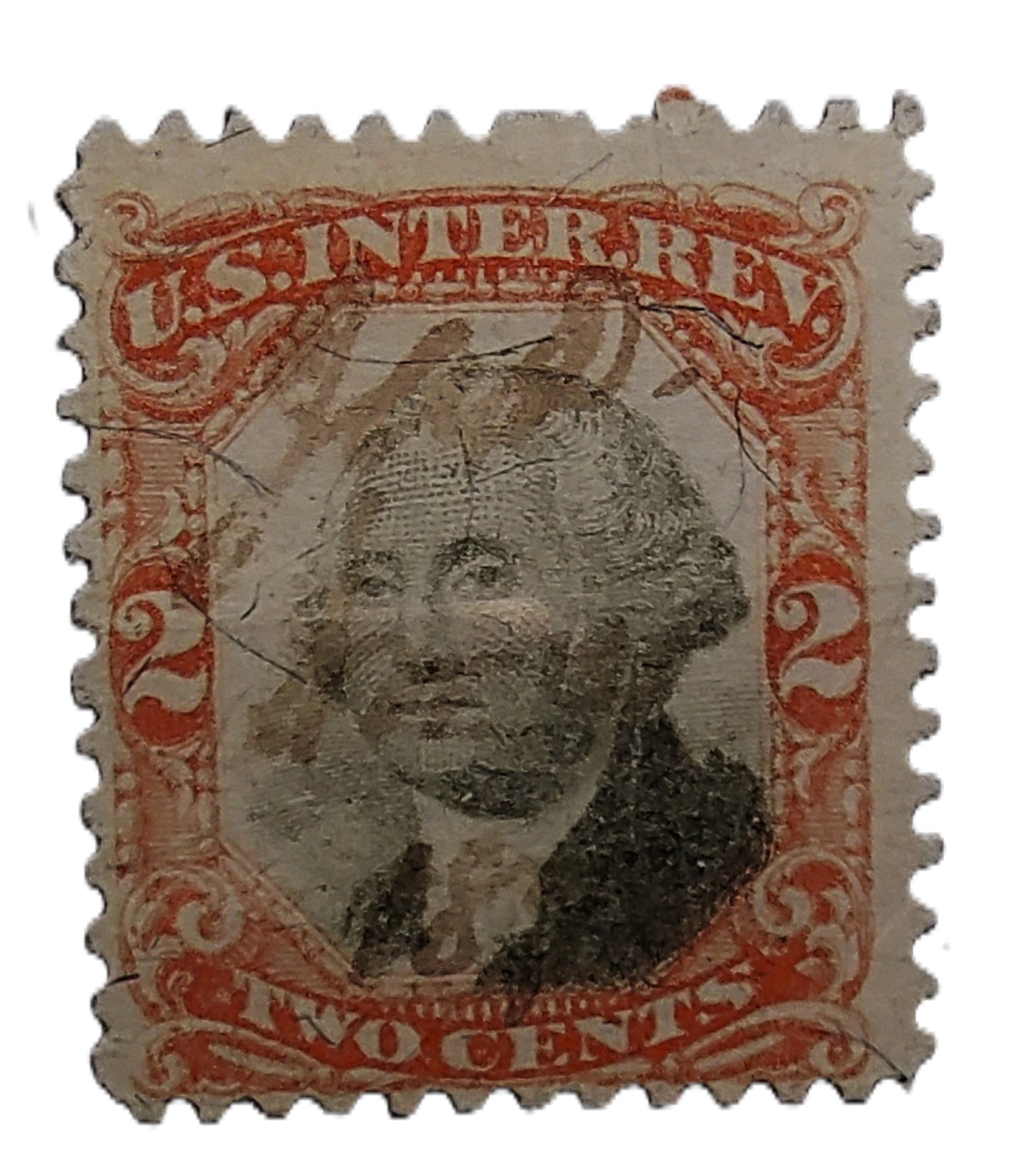 Це використана марка 1872 року випуску внутрішньої податкової служби США номіналом 2 центи із зображенням Джорджа Вашингтона. Це використана марка 1872 року випуску внутрішньої податкової служби США номіналом 2 центи із зображенням Джорджа Вашингтона.